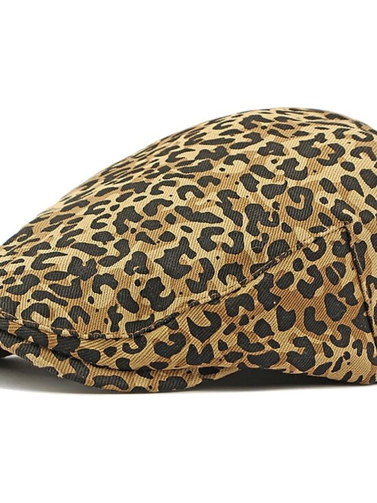 Women's Leopard Print Beret Hat Retro Newsboy Ivy Cap Cabbie Flat Cap Khaki - Picture 2 of 7